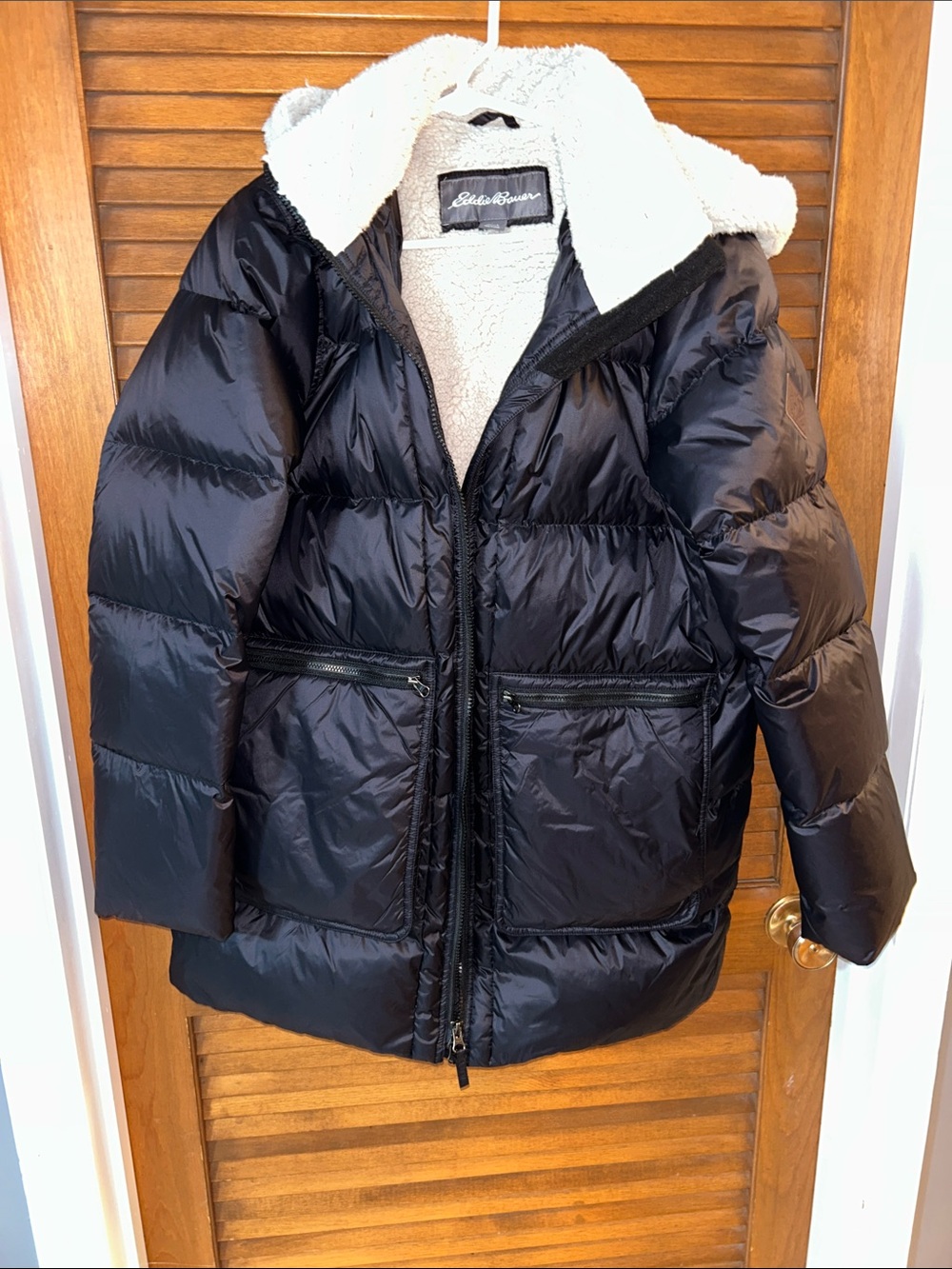 Eddie Bauer Black Puffy Coat with White Sherpa Hood